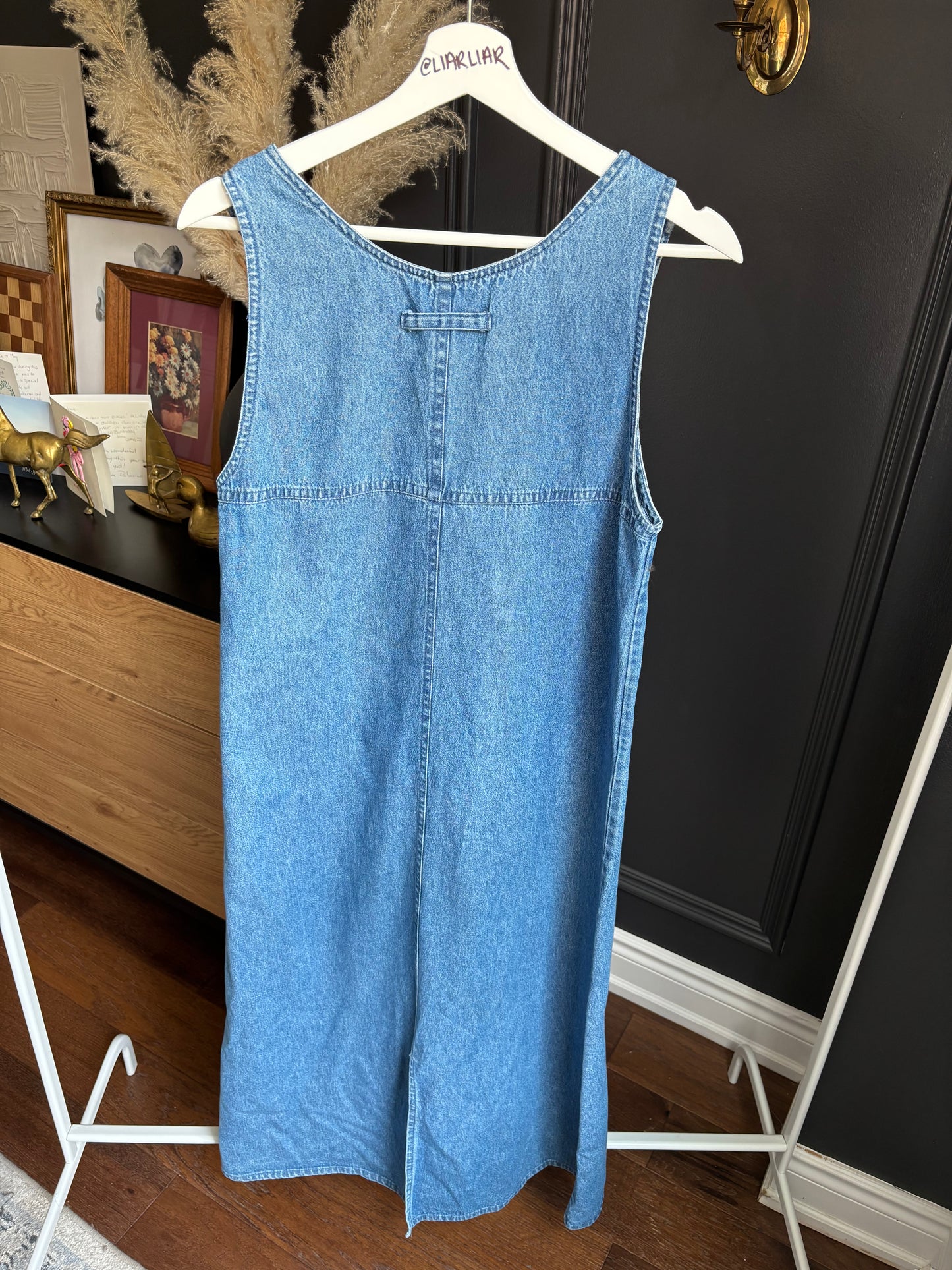 Long Floral Embroidered Sleeveless Denim Dress Size L