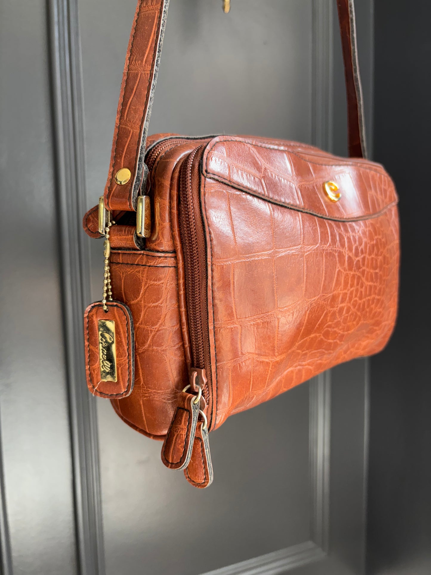 Brown Vintage Cornell Croc Leather Cross Body