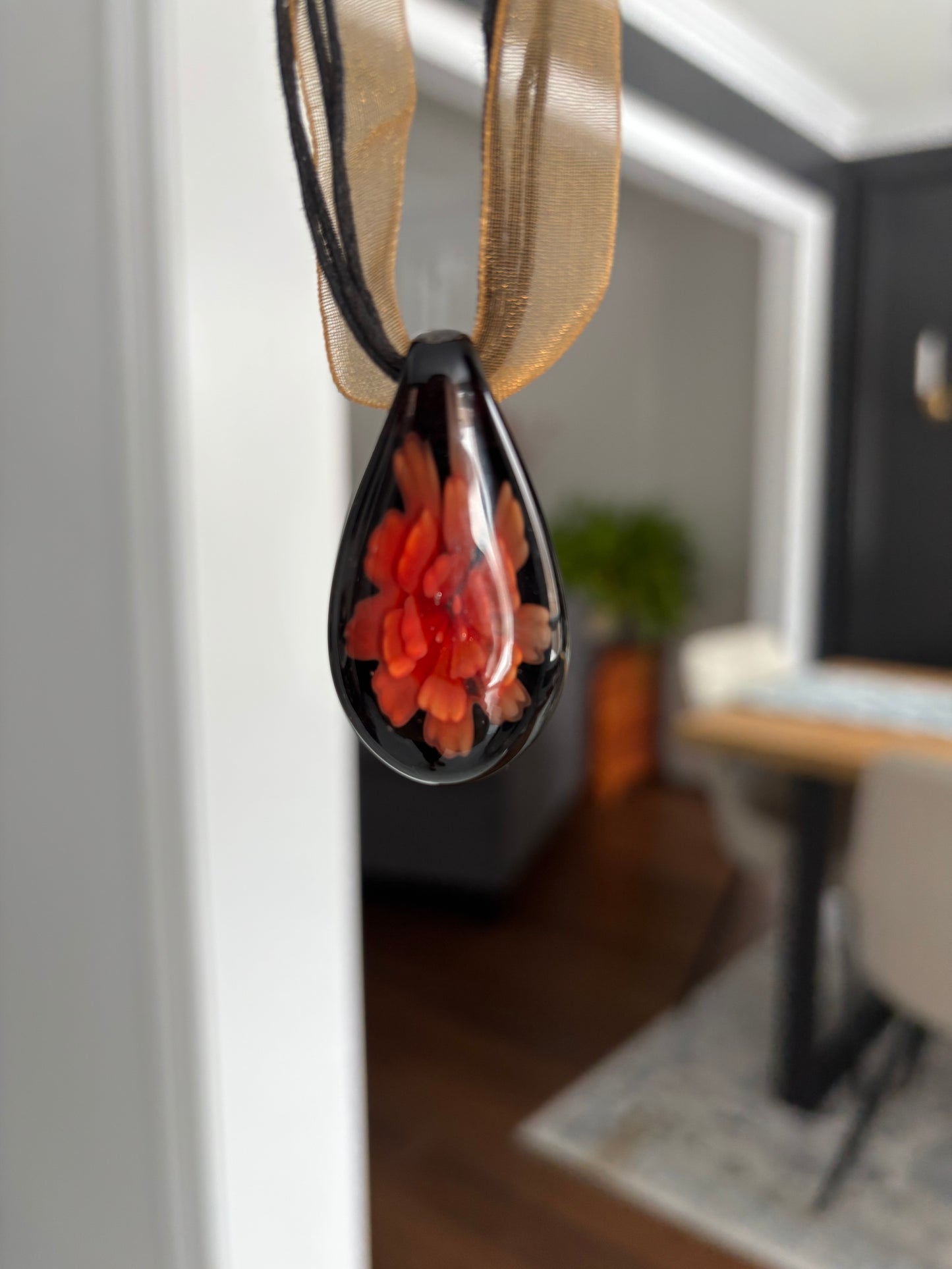 90's Red Flower Glass Pendant Necklace
