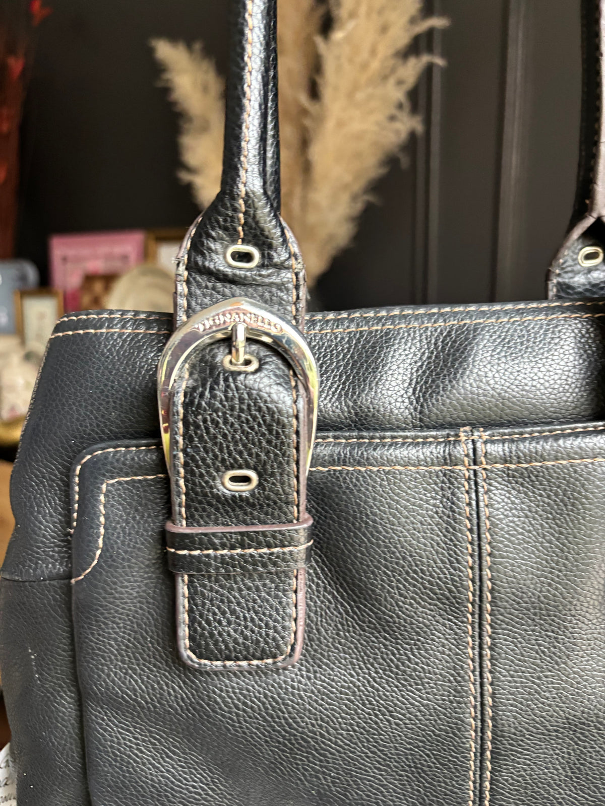 Genuine Leather Buckle Detail Shoulder Bag