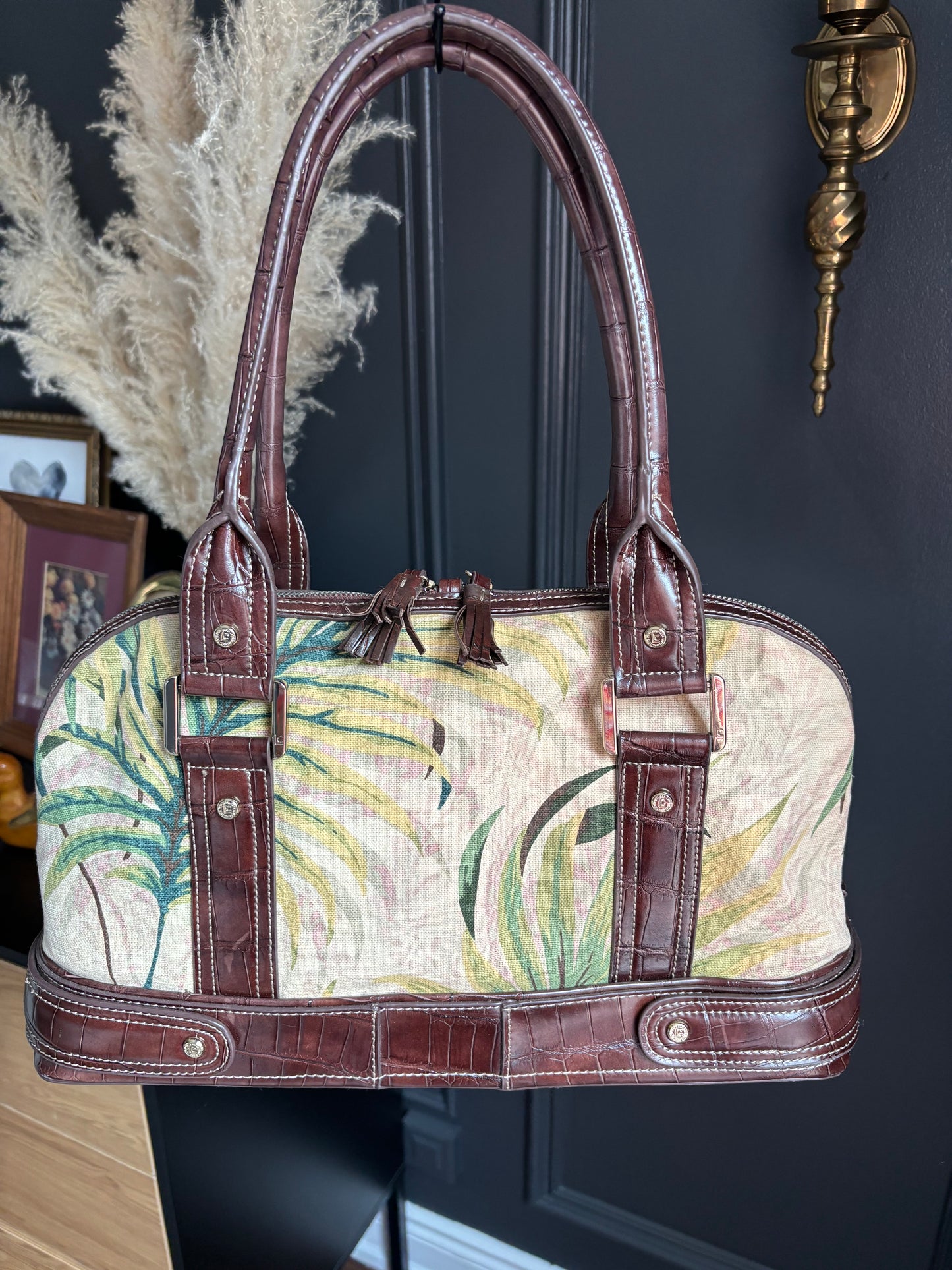 Tropical Canvas and Brown Faux Leather Shoulder Bag