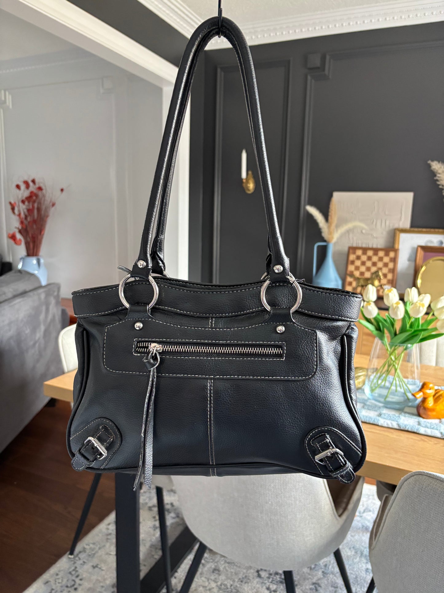 Black, White Stitch Buckle Shoulder Bag
