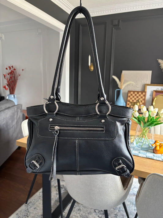 Black, White Stitch Buckle Shoulder Bag