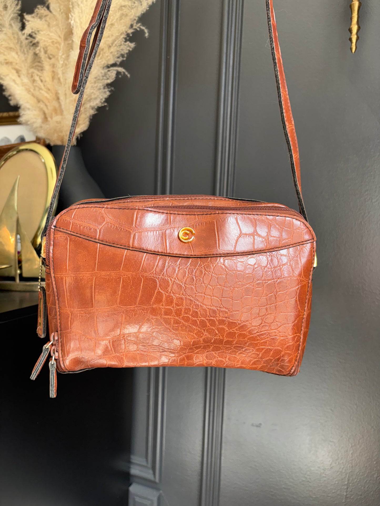 Brown Vintage Cornell Croc Leather Cross Body