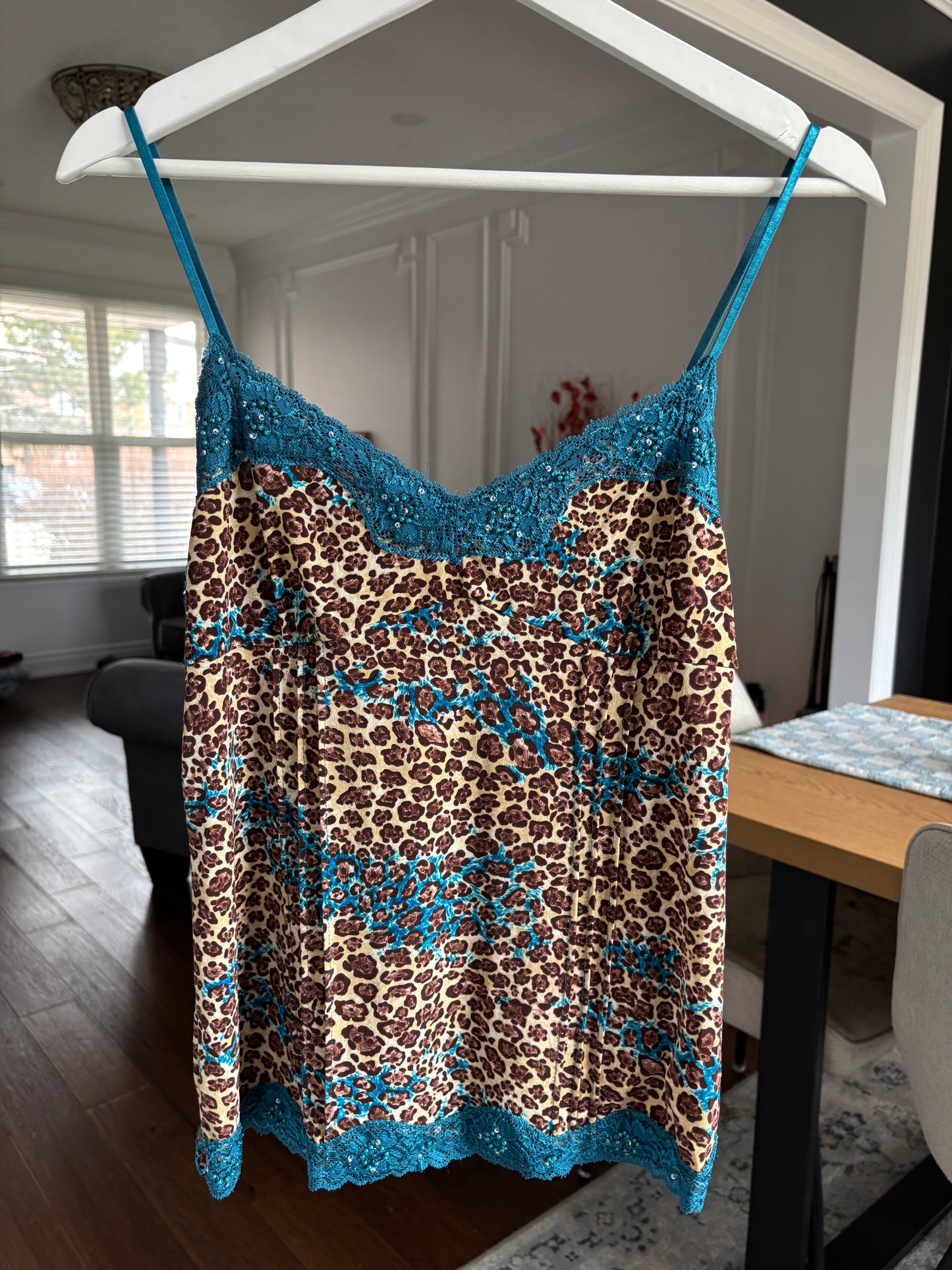 Leopard & Turquoise Lace Trim Tank Size M