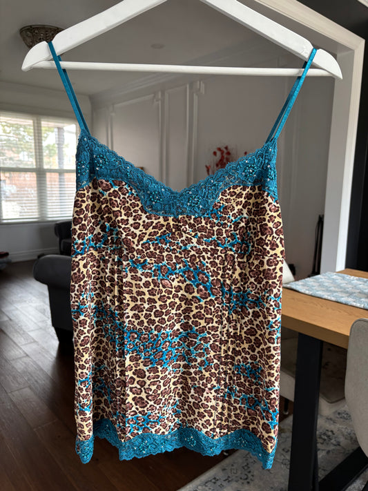 Leopard & Turquoise Lace Trim Tank Size M