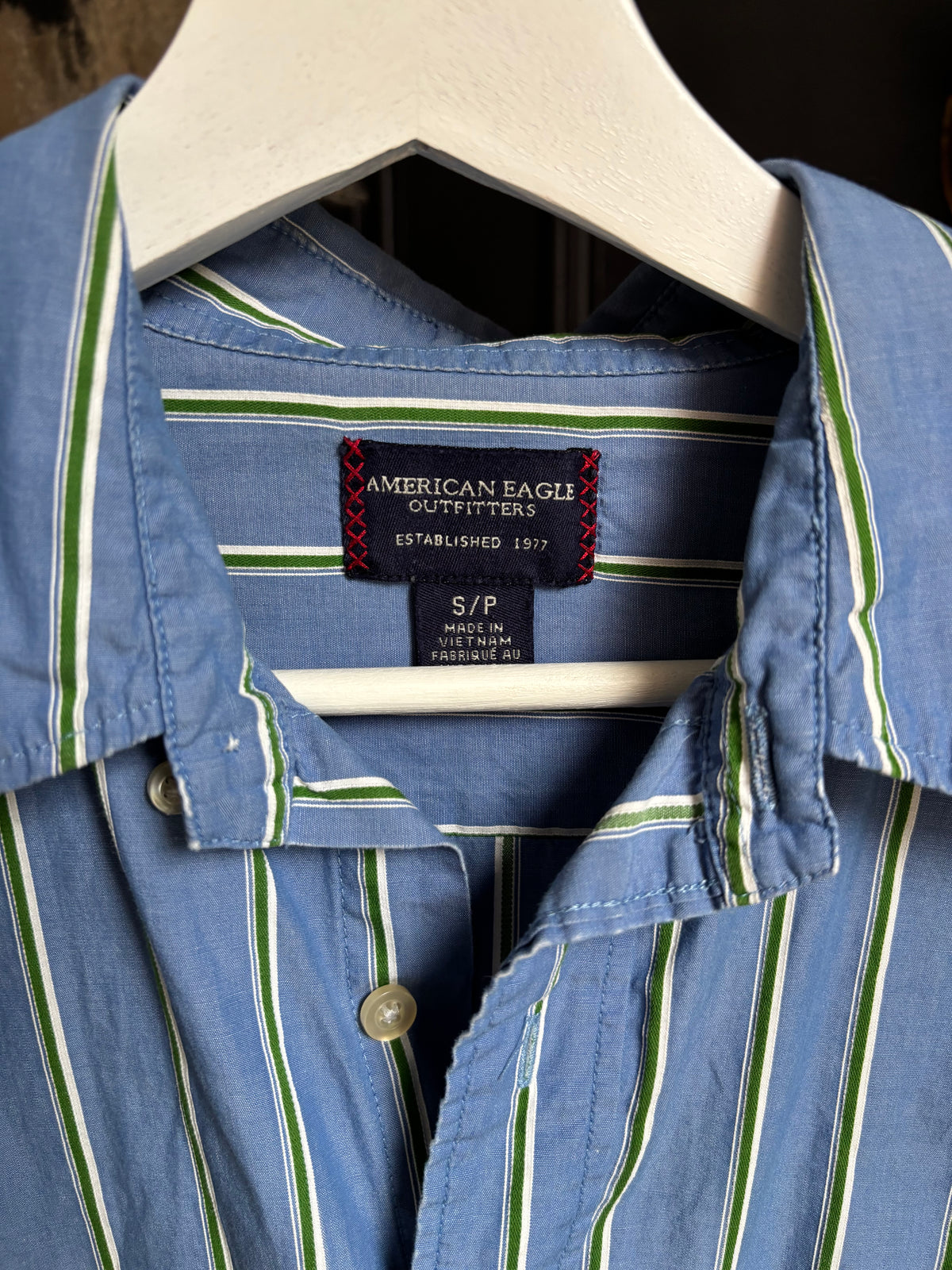 Blue Green & White Striped Button Down Shirt Size S