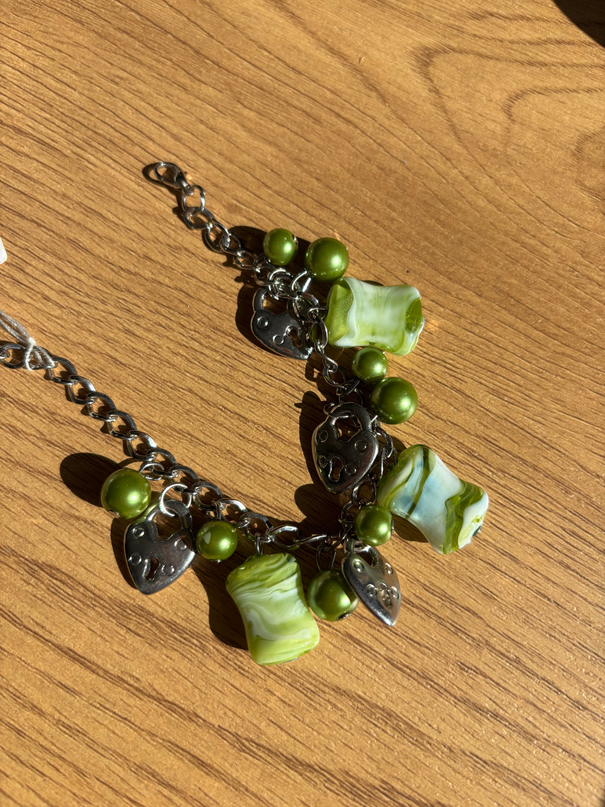 Green Beaded & Silver Heart Charm Bracelet