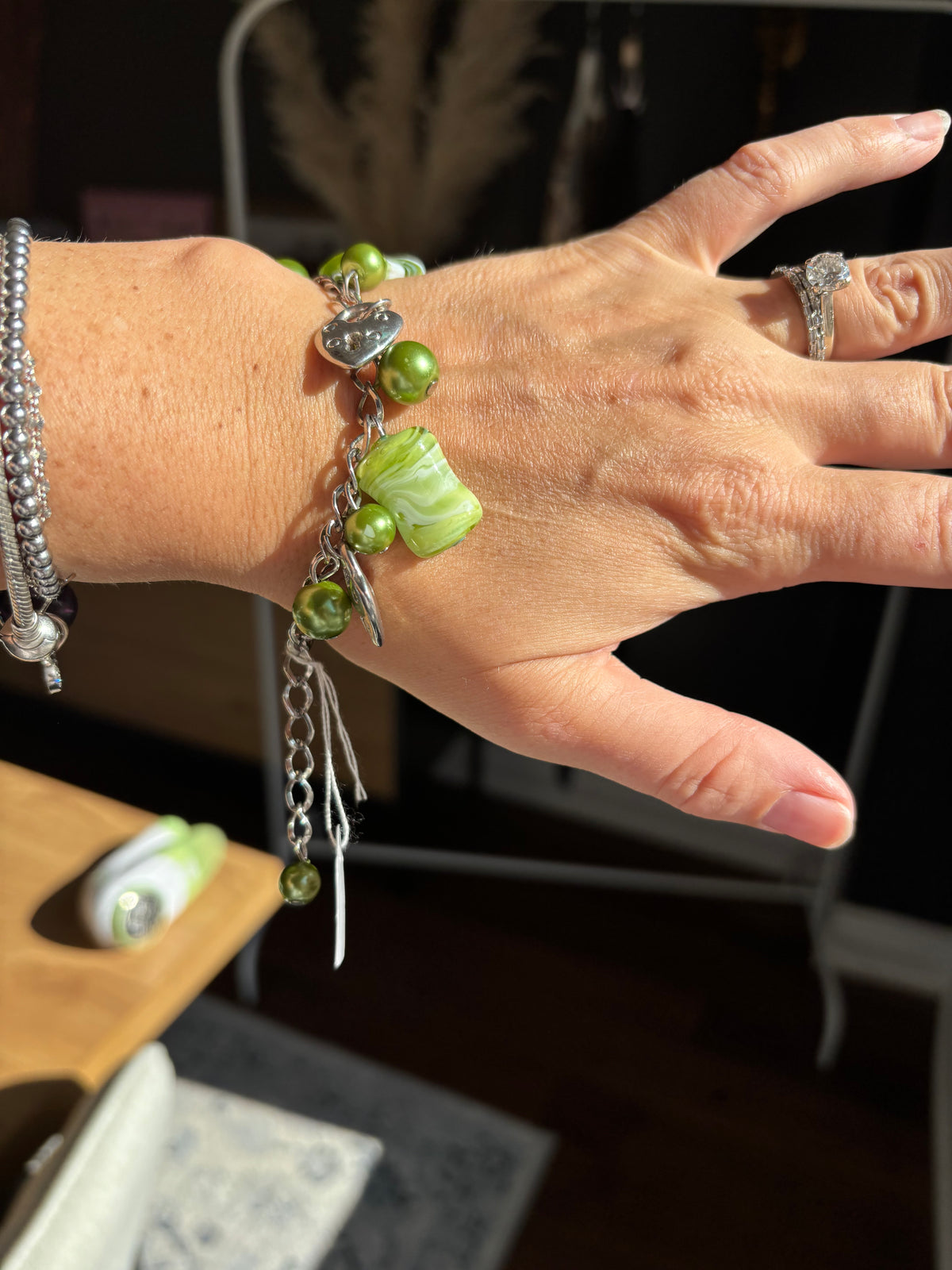 Green Beaded & Silver Heart Charm Bracelet
