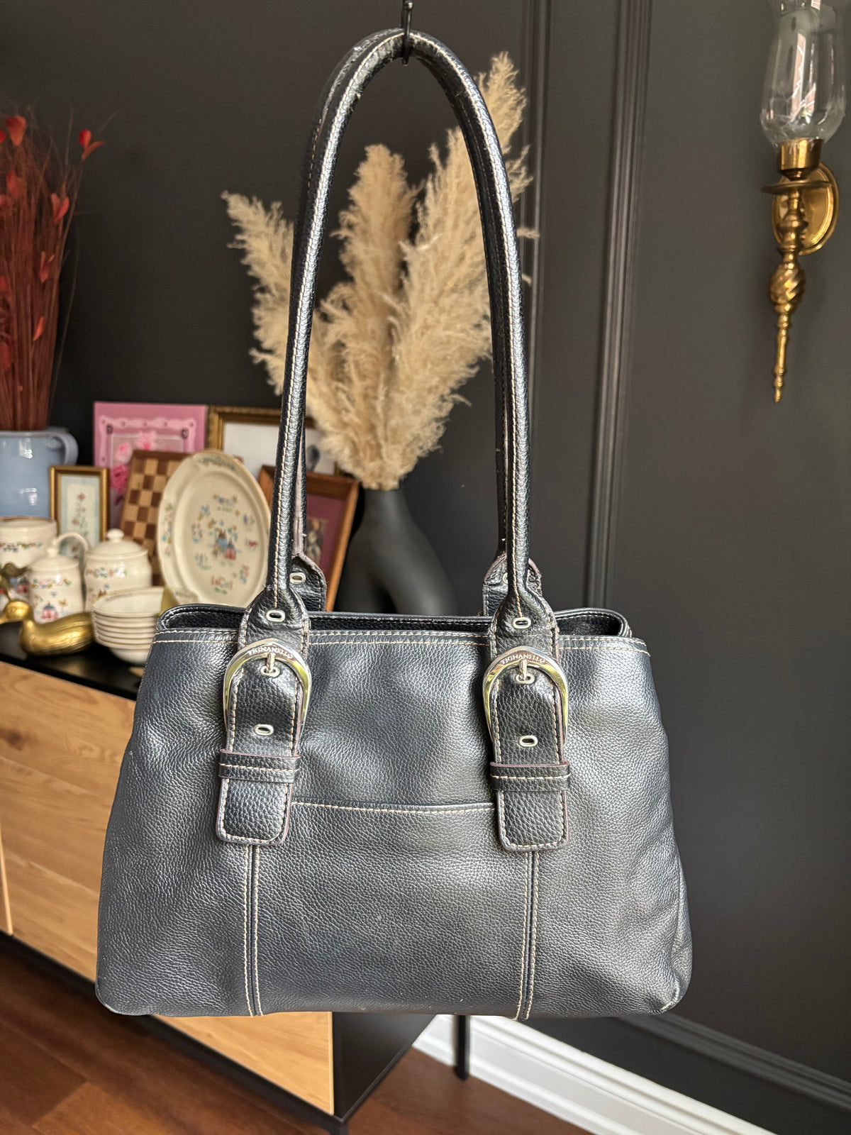 Genuine Leather Buckle Detail Shoulder Bag