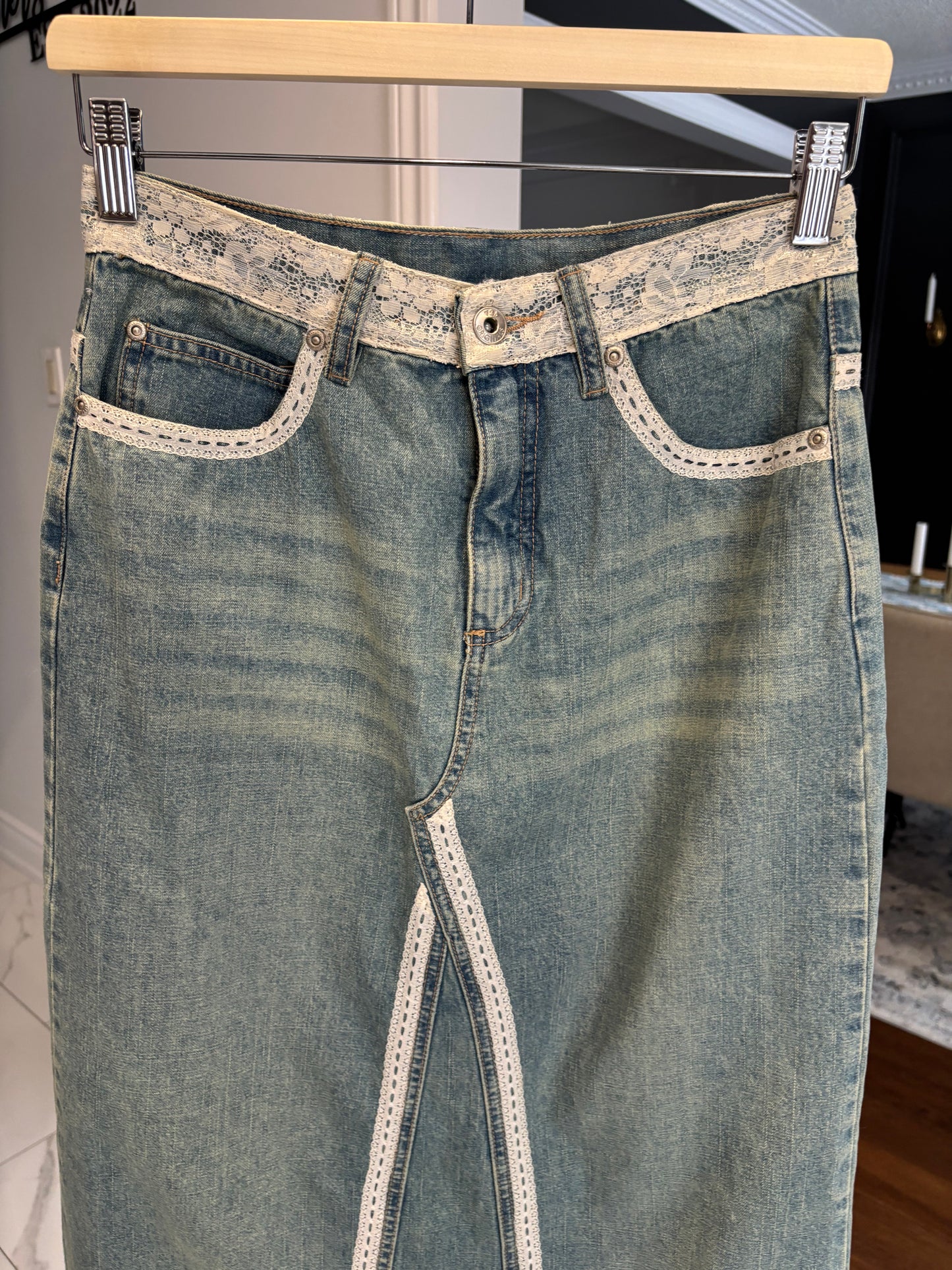 Lace Detail Long Denim Skirt Size 5