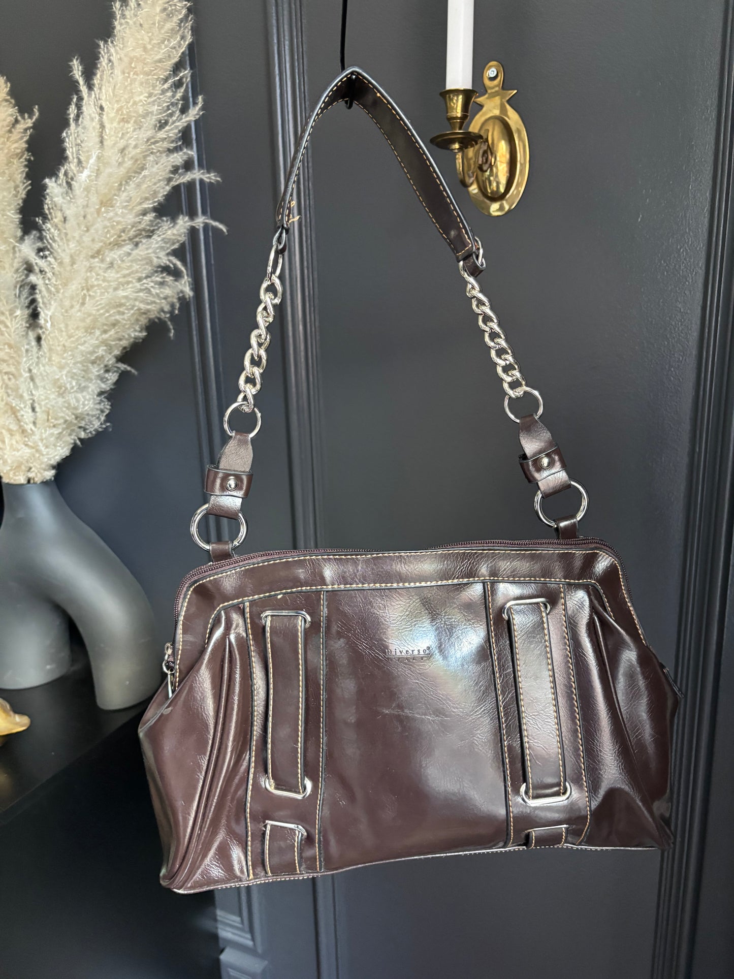 Brown Stitched Detail Shoulder Bag