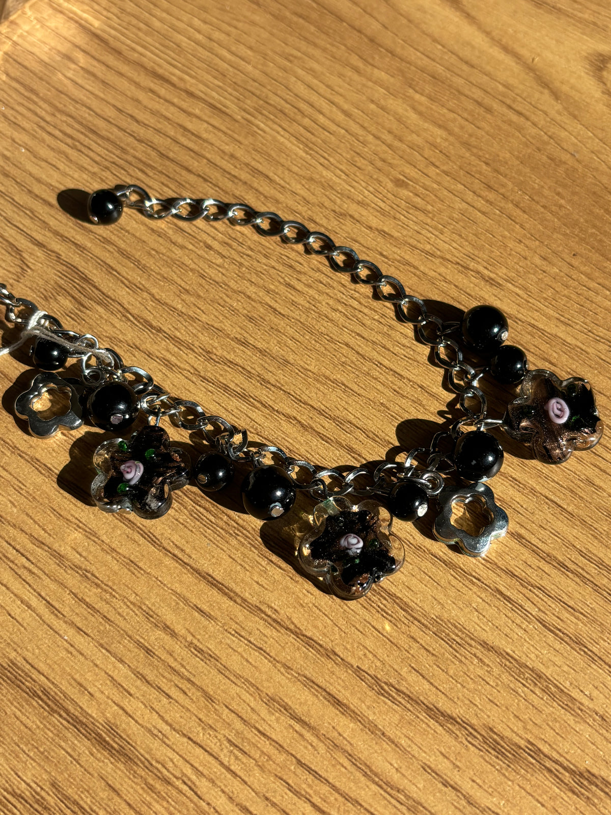 Black Bead & Silver Flower Chain Braclet