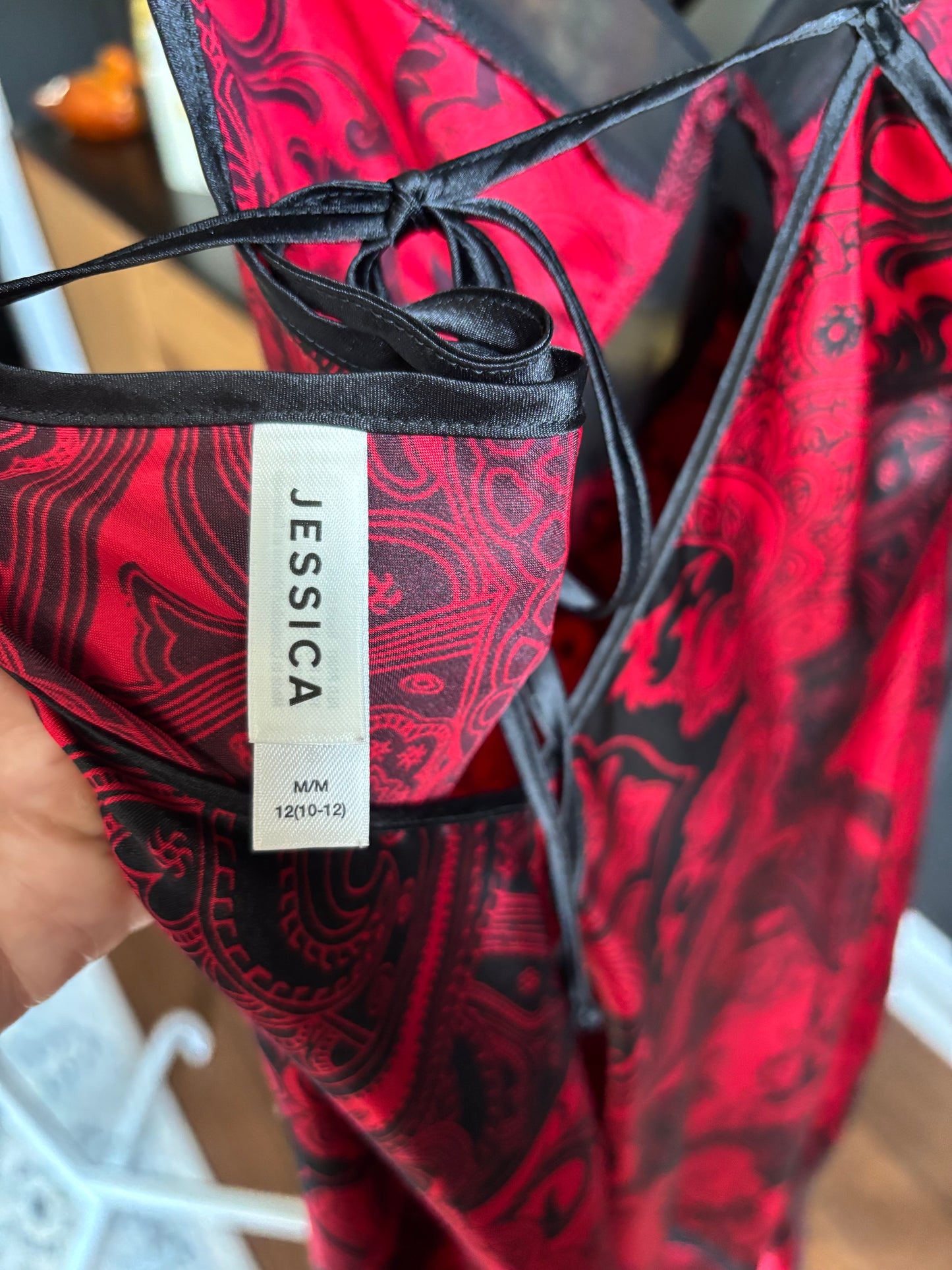 Red & Black Long Satin Paisley Dress Size M