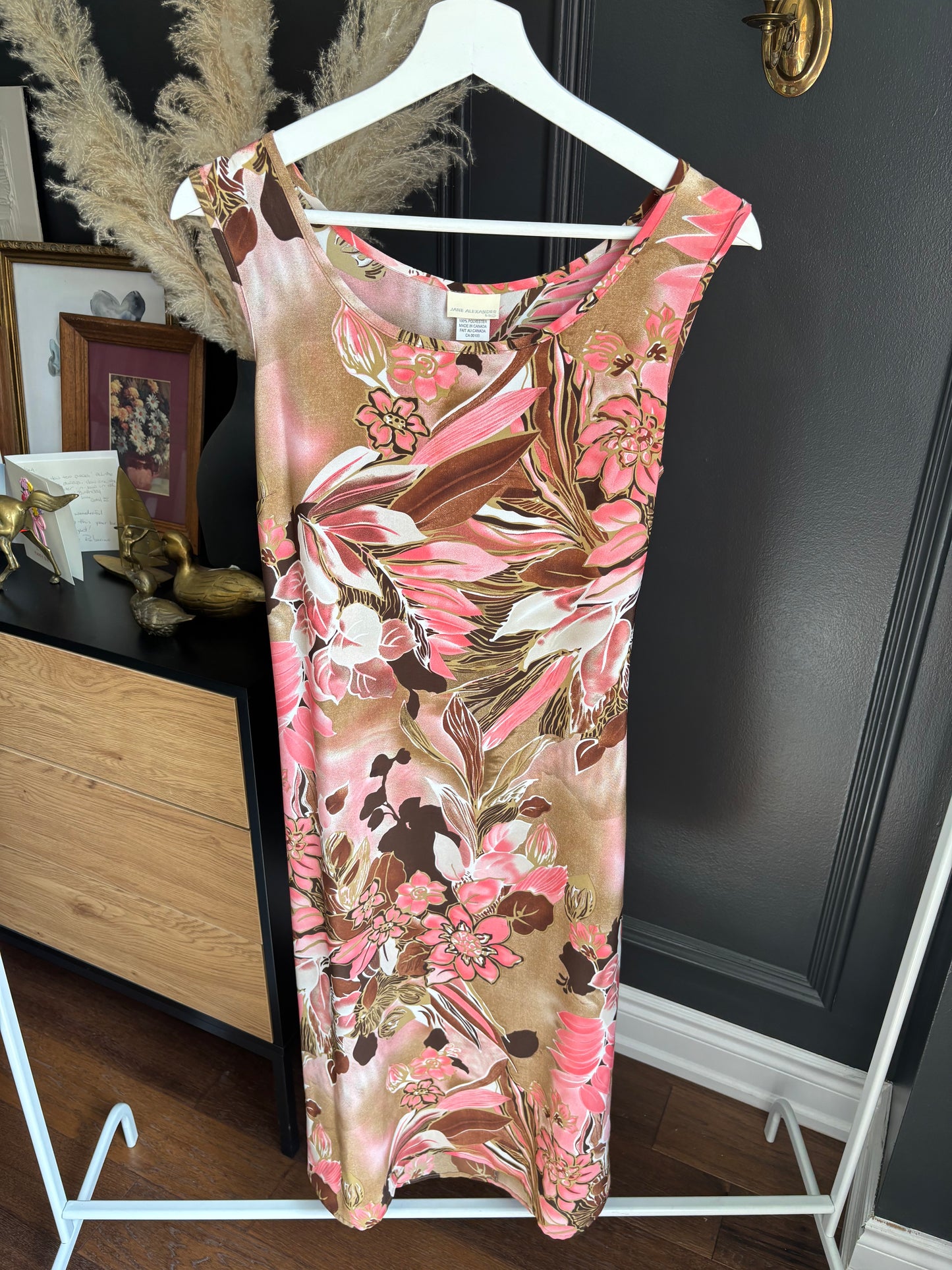 Vintage Brown and Pink Print Maxi Dress Size 14