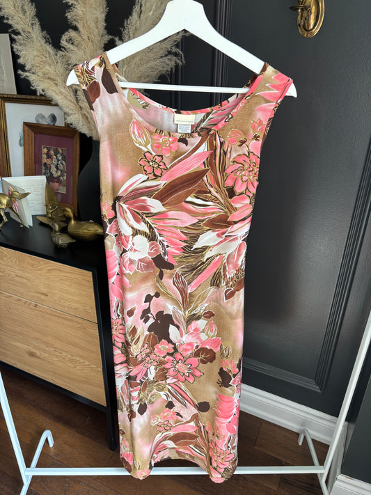 Vintage Brown and Pink Print Maxi Dress Size 14