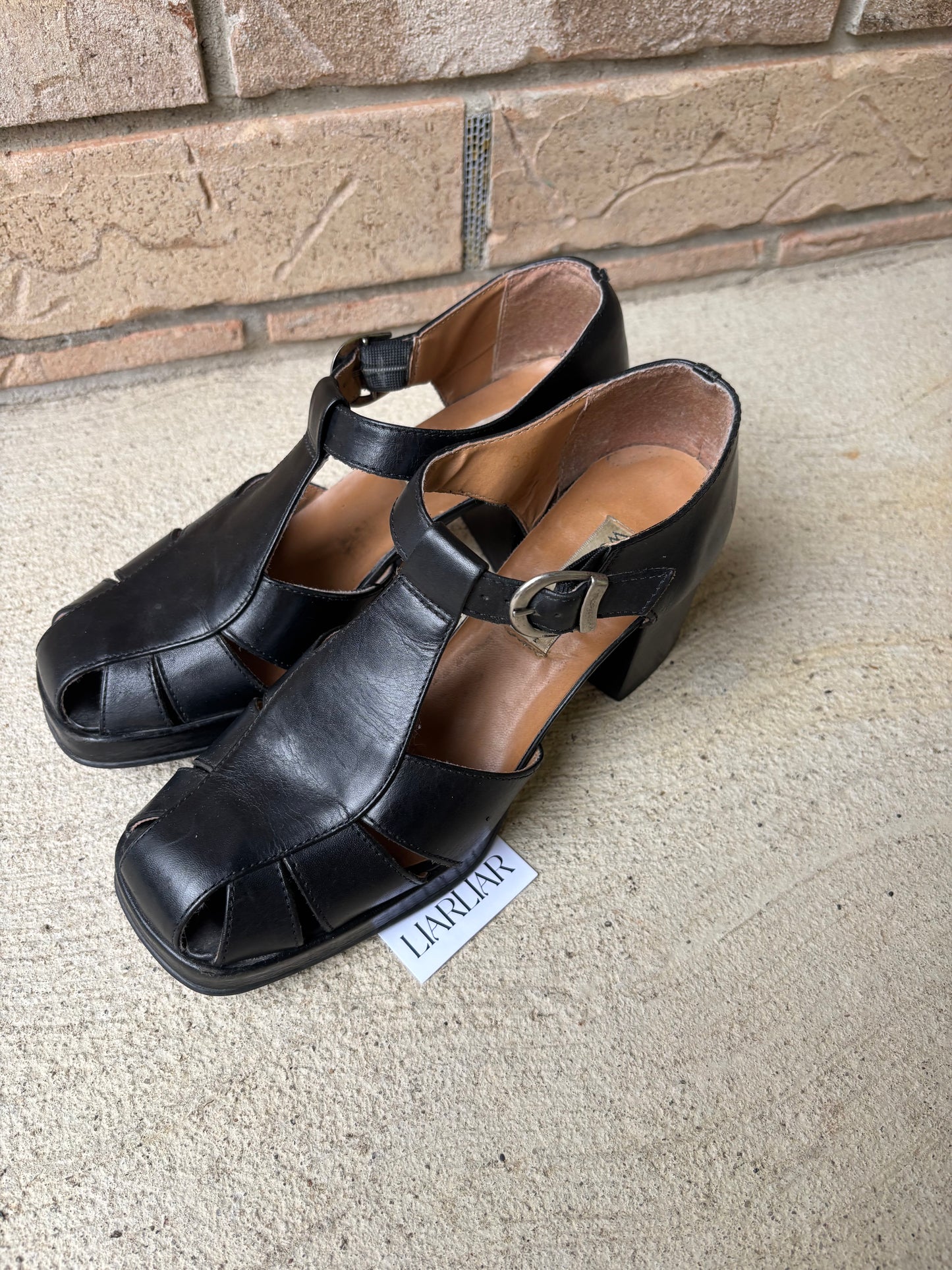 Vintage Black Strap Block Heel Shoes Size 6
