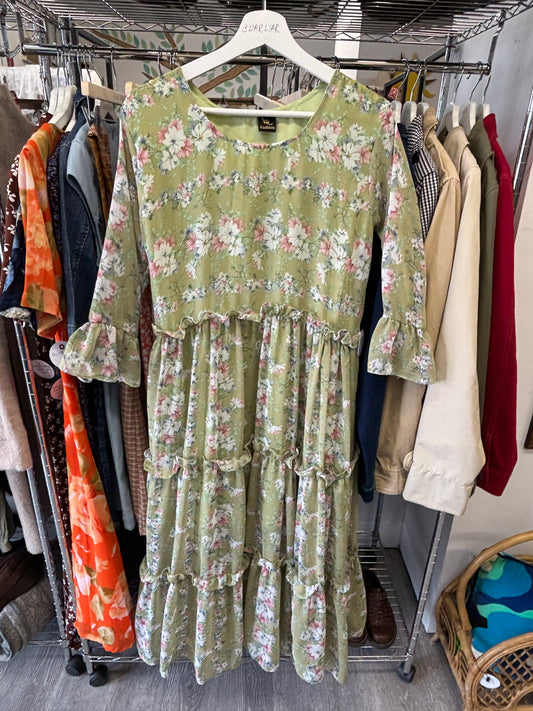 Vintage Spring Green Floral Tiered Dress Size M