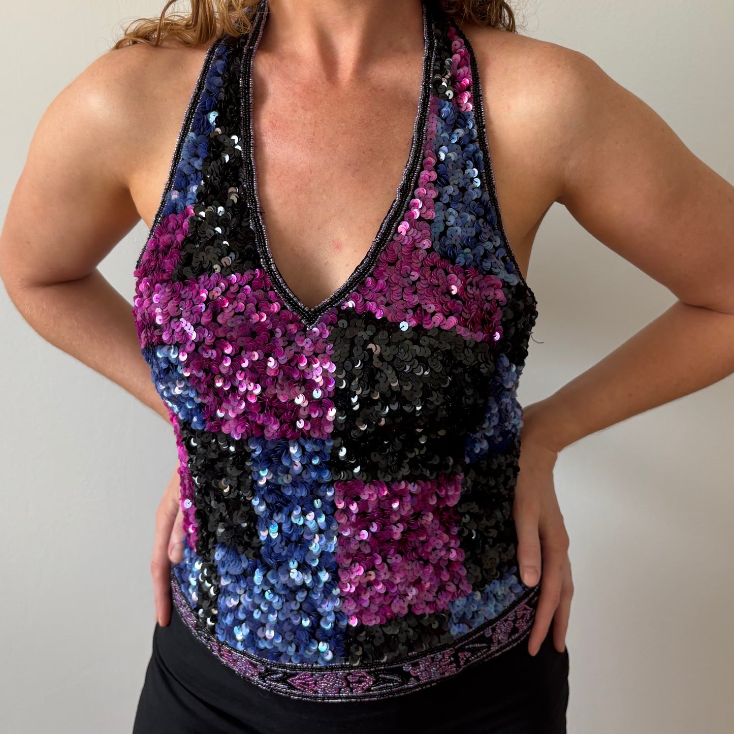 Sequin Beaded Cropped Halter Top