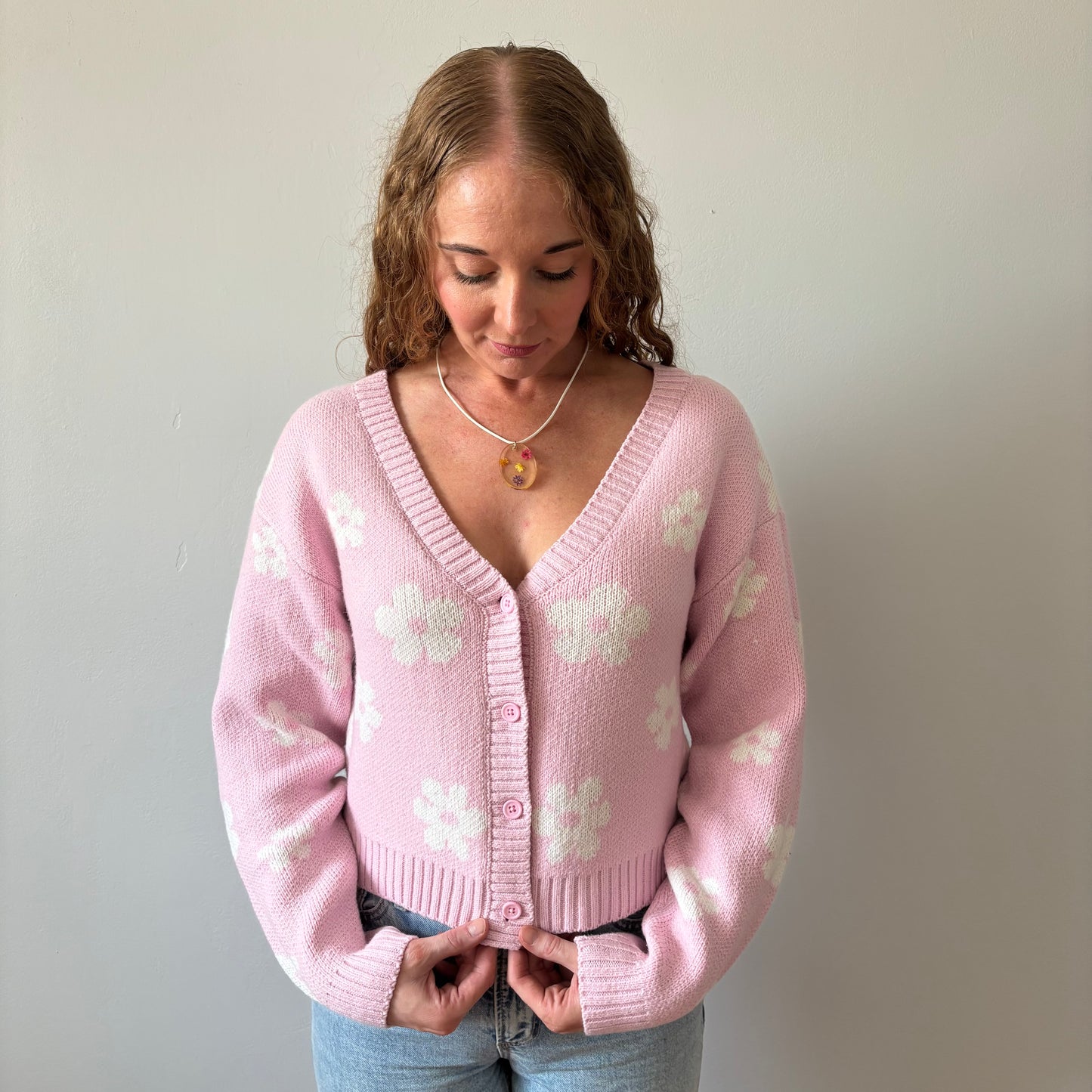Cute Pink & White flower Cardigan