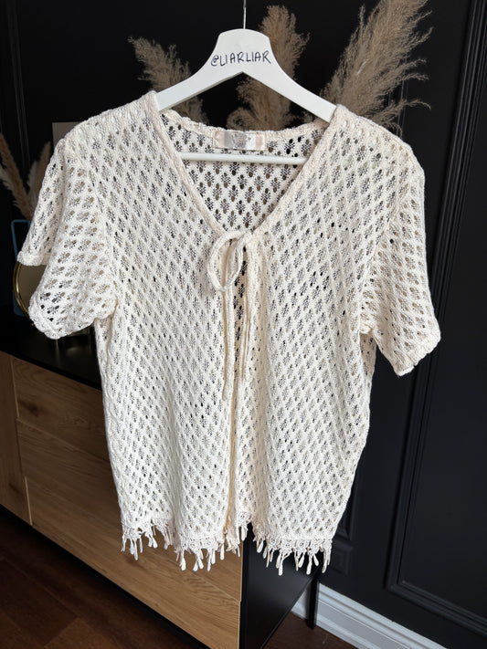 Vintage Crochet Front Tie Short Sleeved Cardigan Size M