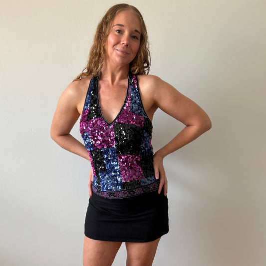 Sequin Beaded Cropped Halter Top