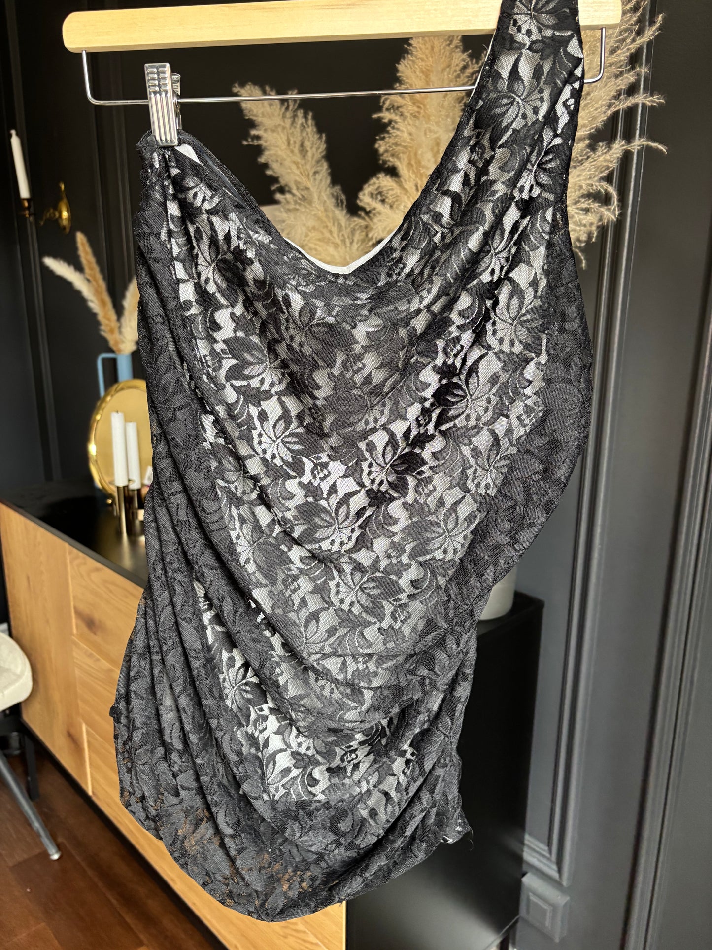 Black Lace One Shoulder Rouched Top Size XL