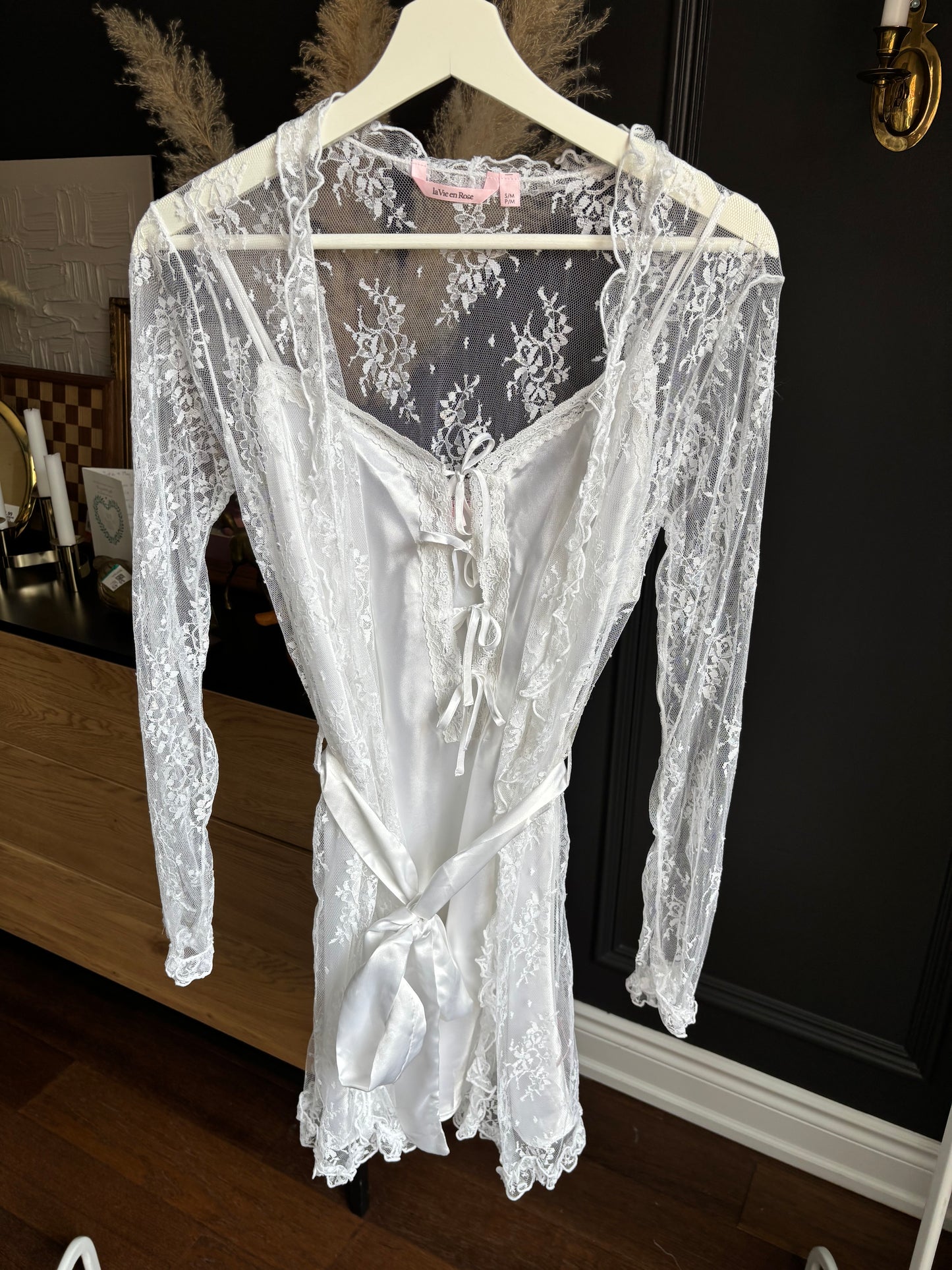 2 Piece White Satin Slip and Lace Robe Size L