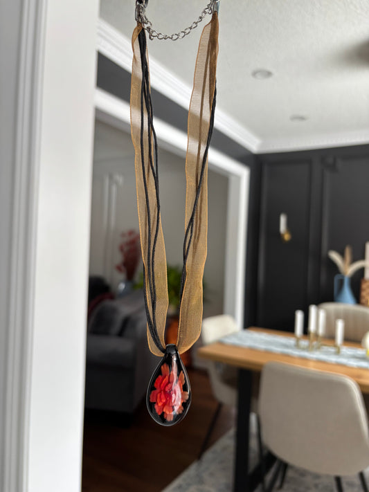 90's Red Flower Glass Pendant Necklace