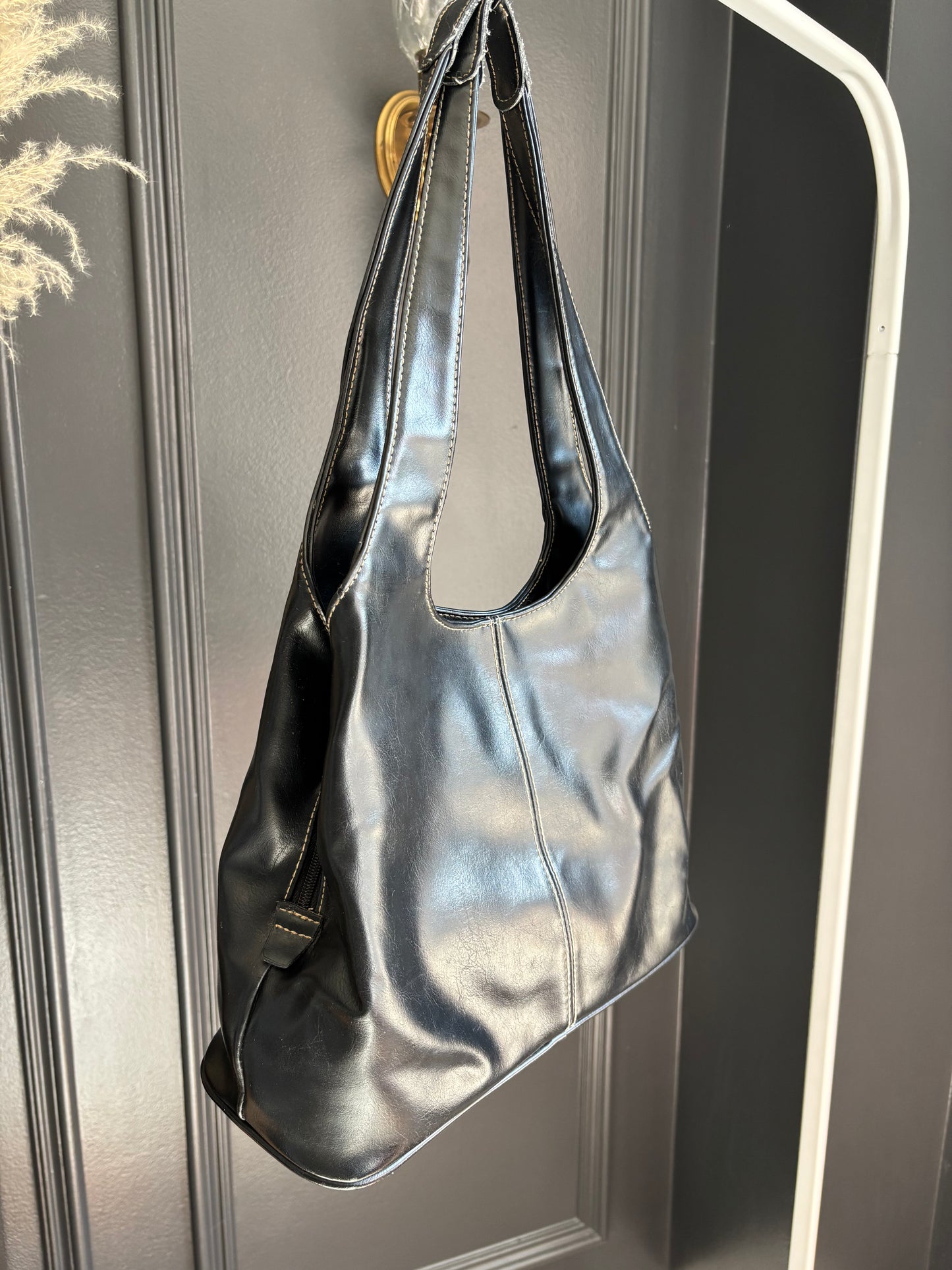Black Faux Leather Muti Compartment Shoulder Bag