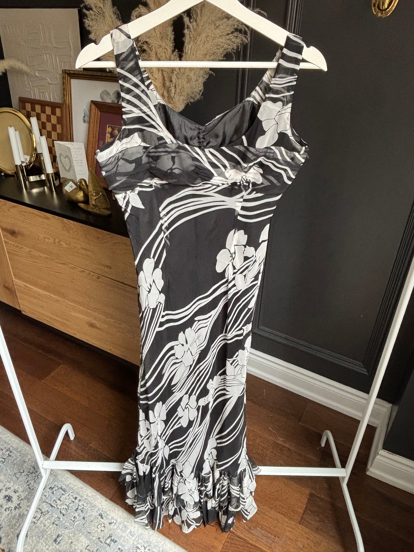 Long Vintage Silk Black & White Print Dress Size 8