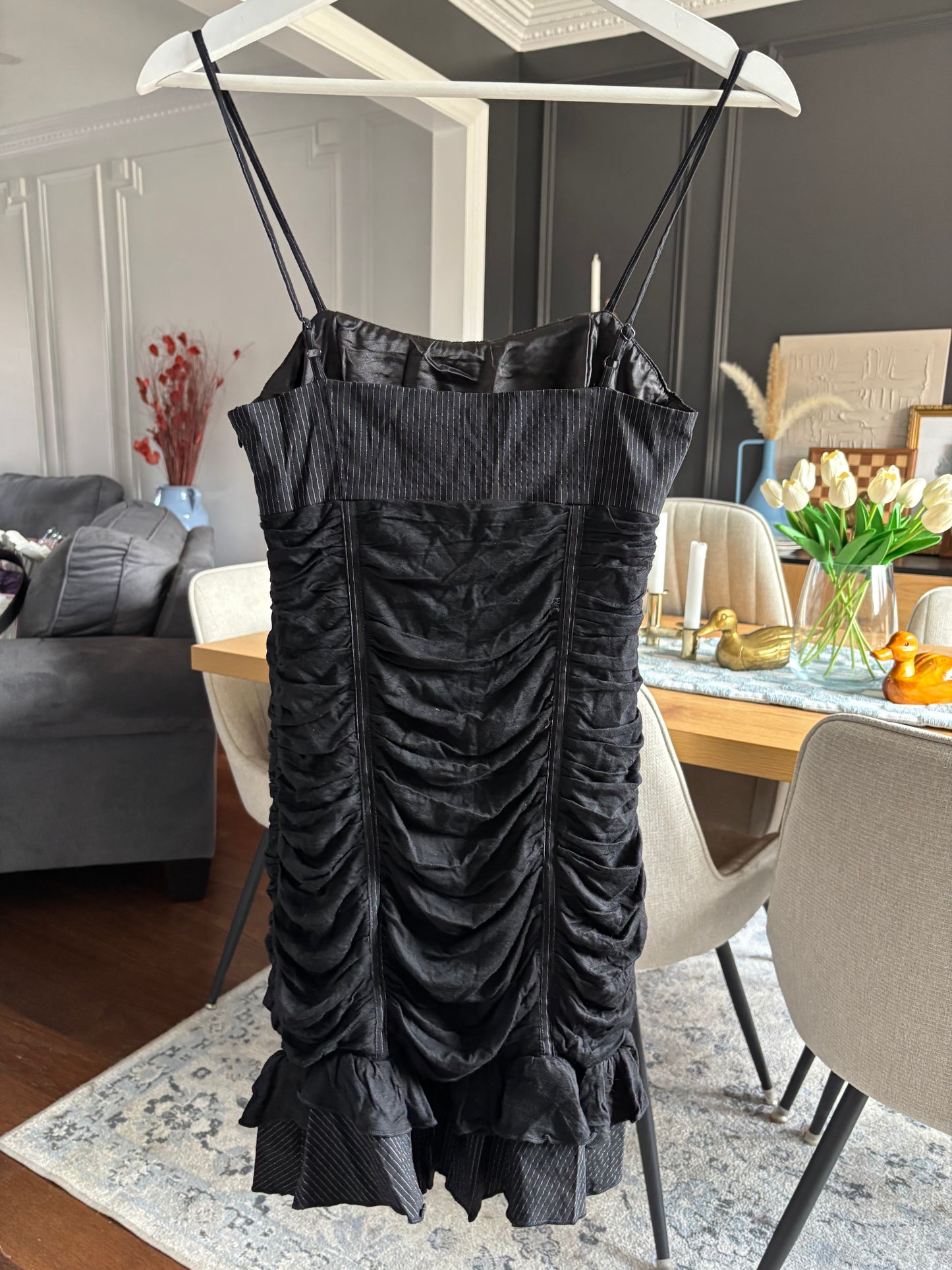 Pinstriped & Rouched Mini Dress Size M