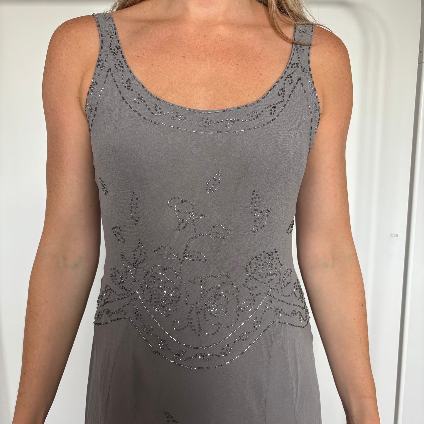 Grey Beaded Midi Dress Size 4