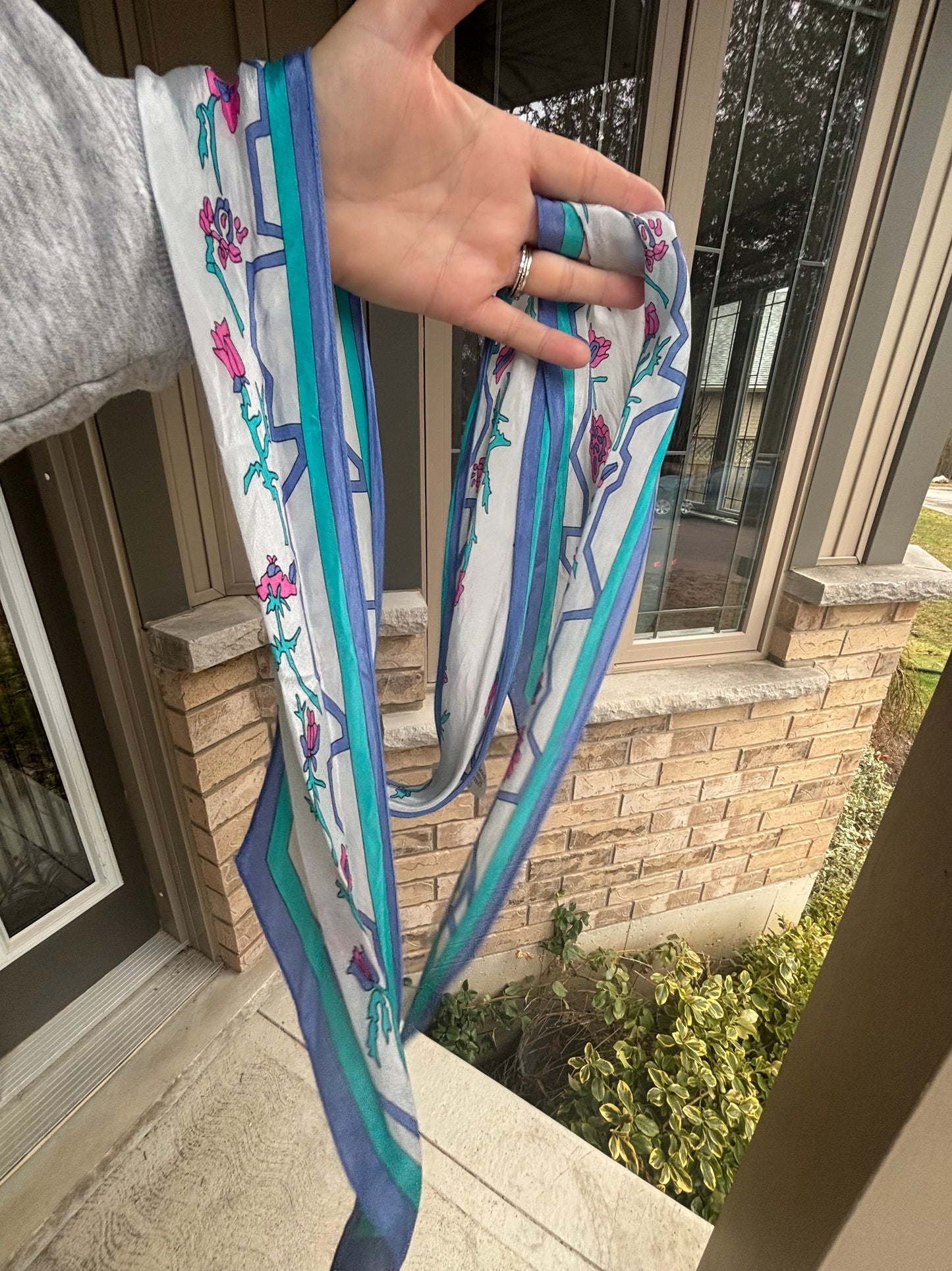 Abstract Floral Print Skinny Silk Scarf