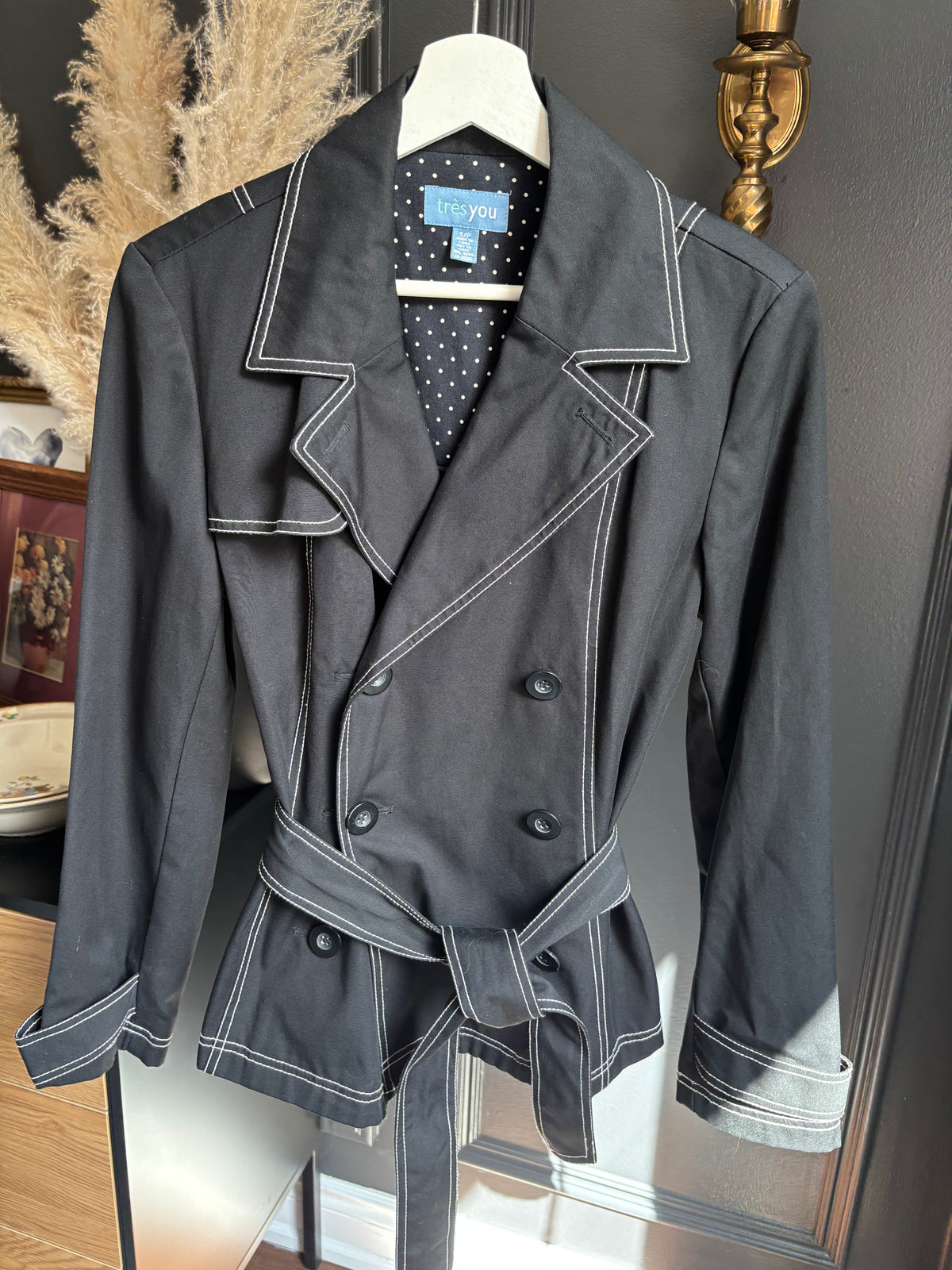 Black Short Trench Style Jacket With White Stitch Size S