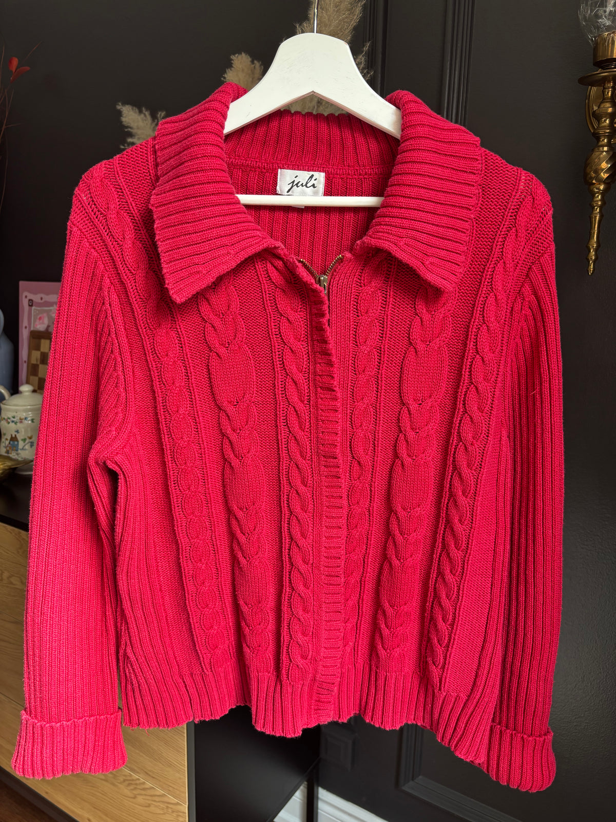 Vintage Red Knit Zip Cardigan Size M
