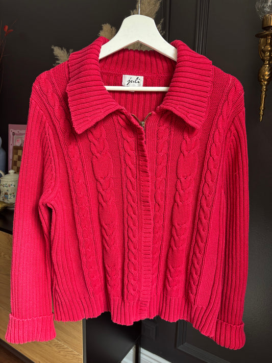 Vintage Red Knit Zip Cardigan Size M