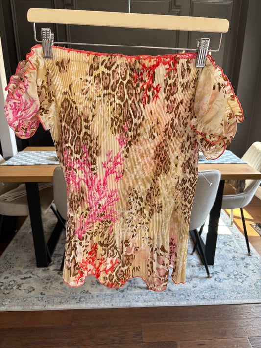 Flirty Leopard & Coral Off The Shoulder Top Size L