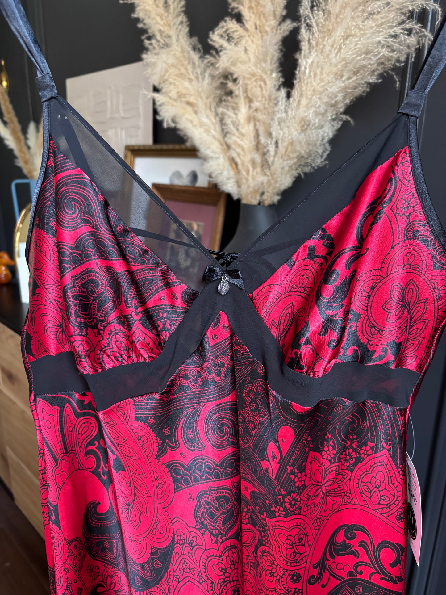 Red & Black Long Satin Paisley Dress Size M