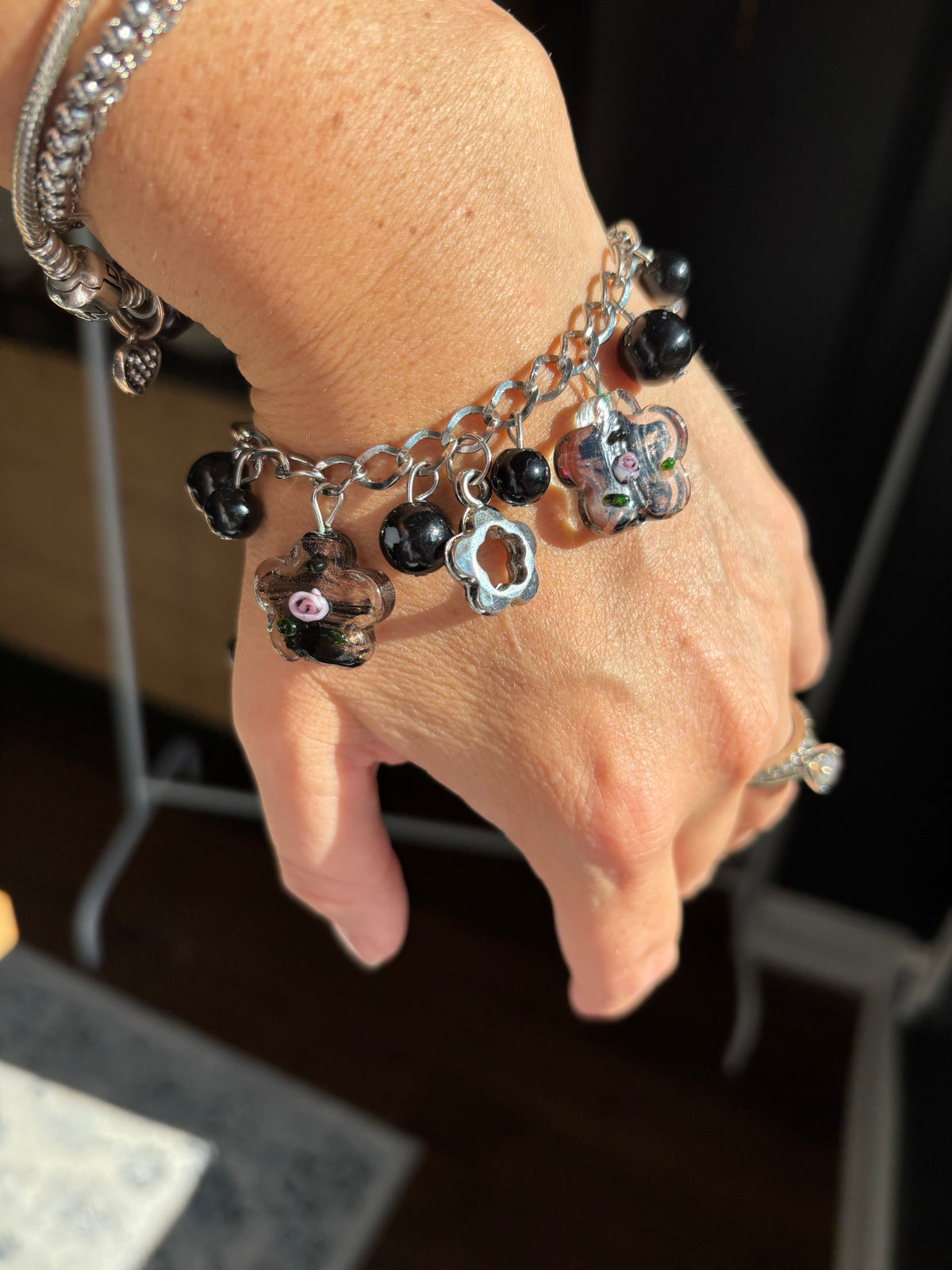 Black Bead & Silver Flower Chain Braclet