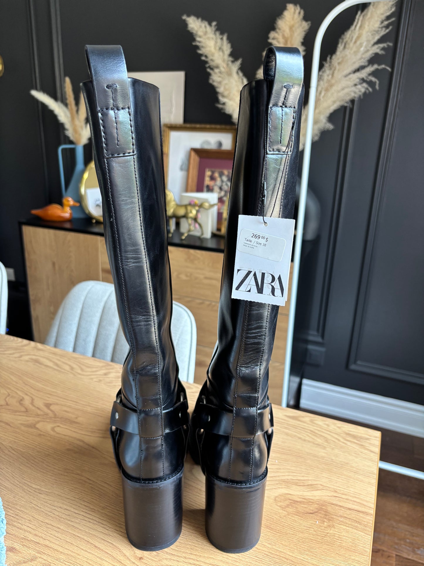 Tall Leather Biker Boots Size 38