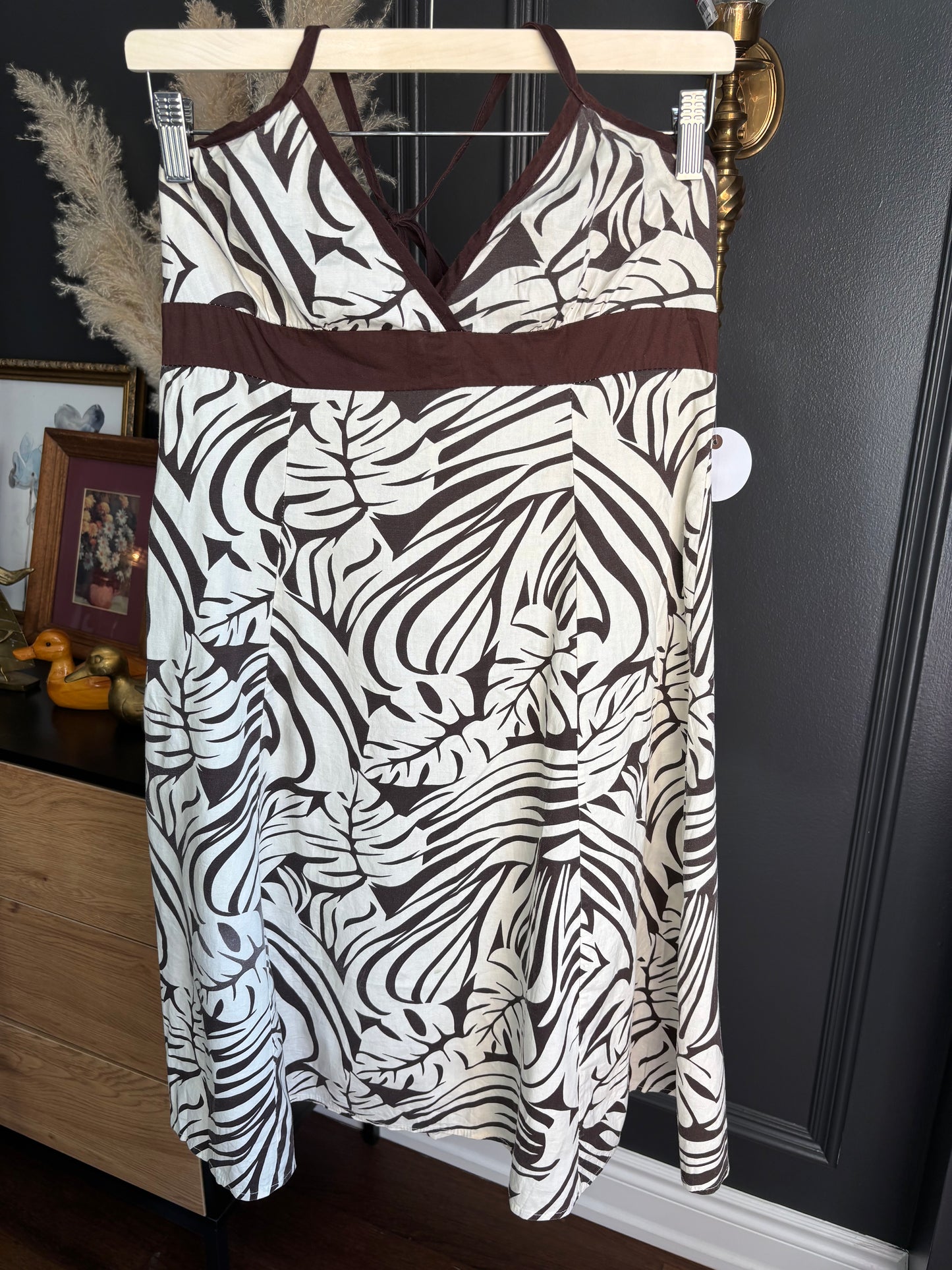 Brown & White Palm Print Halter Dress Size M
