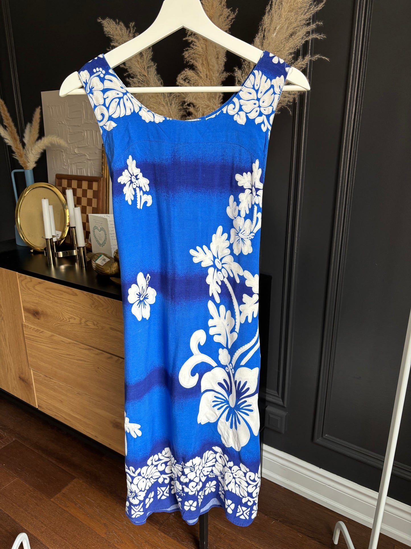 90's Blue Hibiscus Knee Length Beach Dress Size S