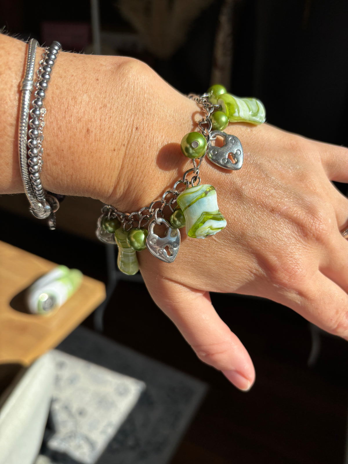 Green Beaded & Silver Heart Charm Bracelet