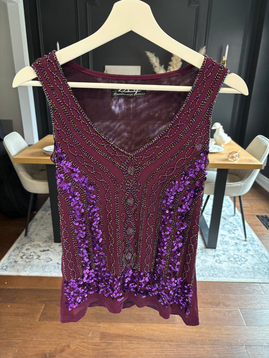 Vintage Wine Coloured Beaded Tank Top Size S
