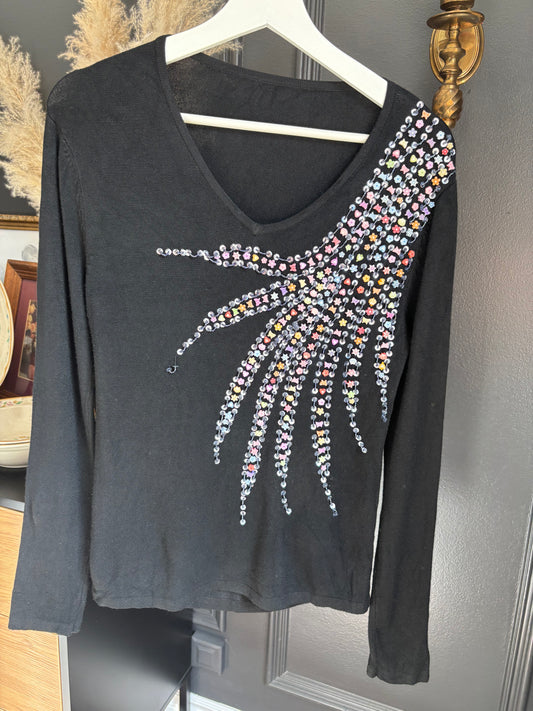 Black Fine Knit Beaded Long Sleeved Top Size M