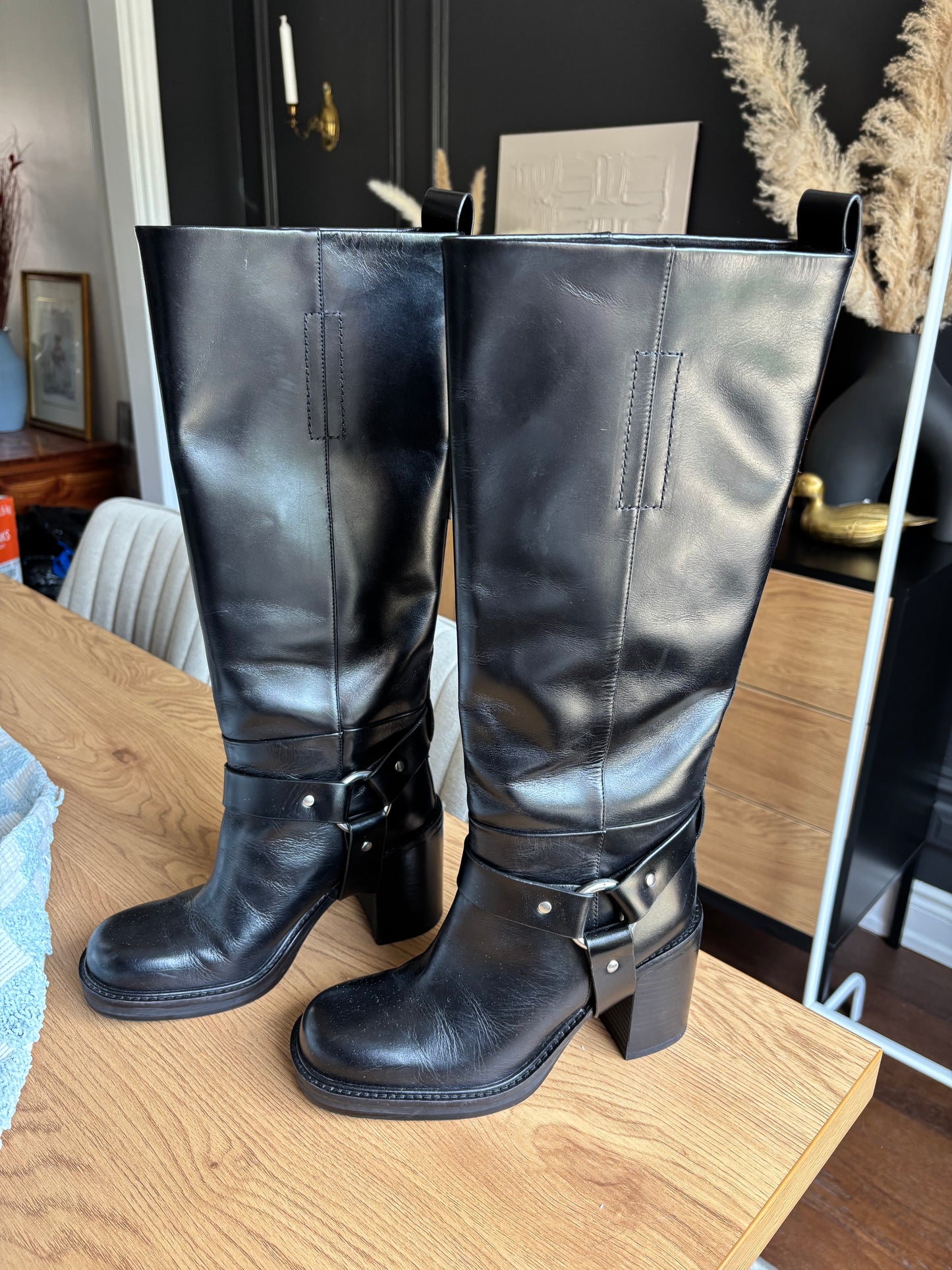 Tall Leather Biker Boots Size 38