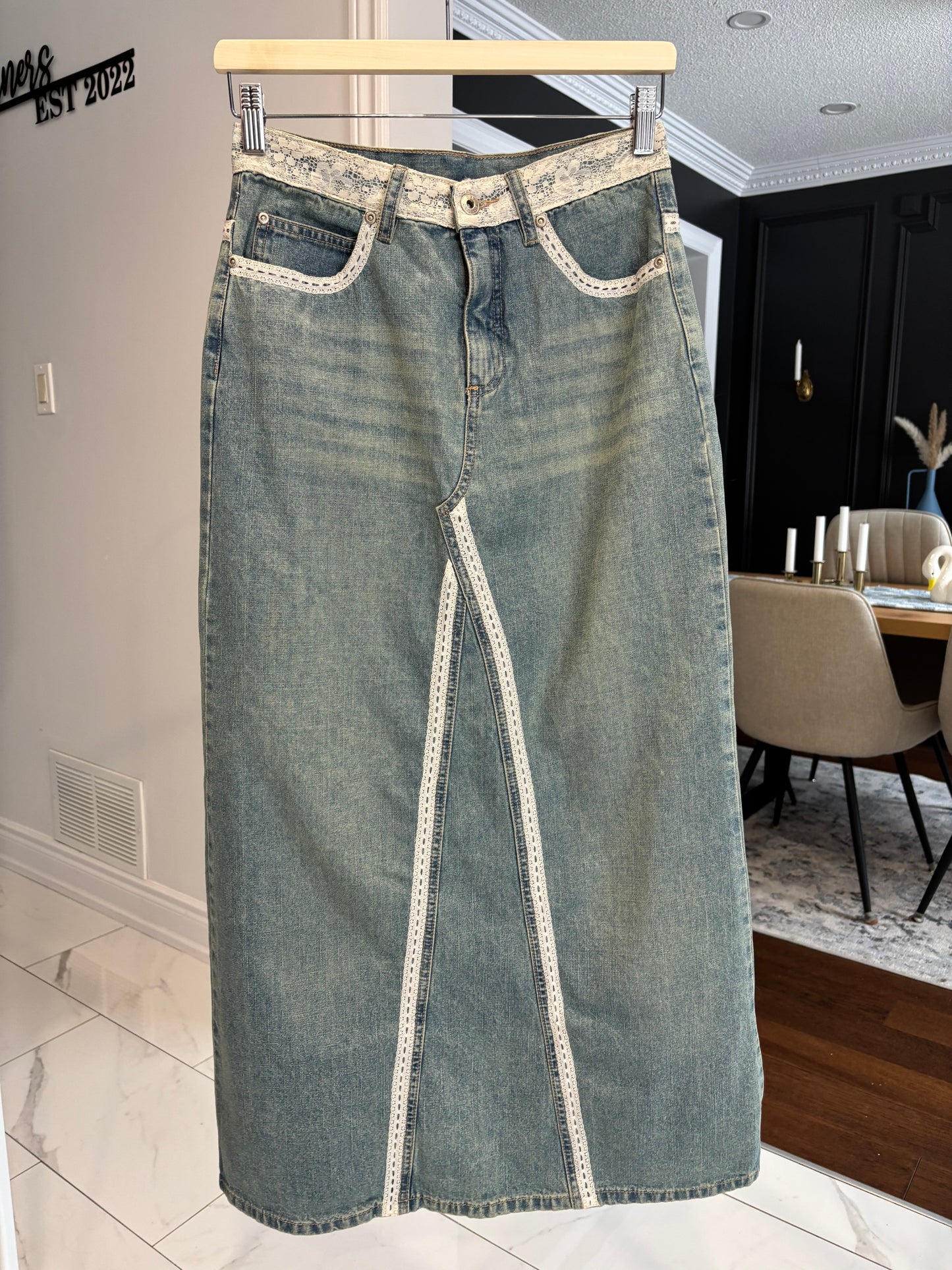 Lace Detail Long Denim Skirt Size 5