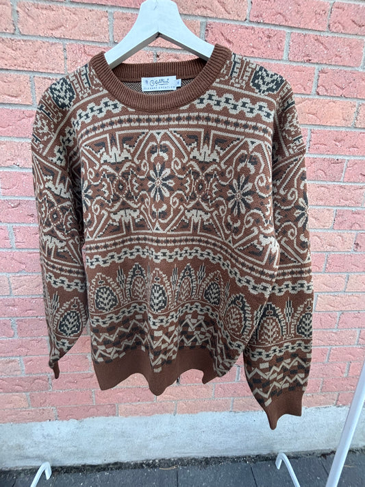 Brown Print Knit Sweater Size Medium
