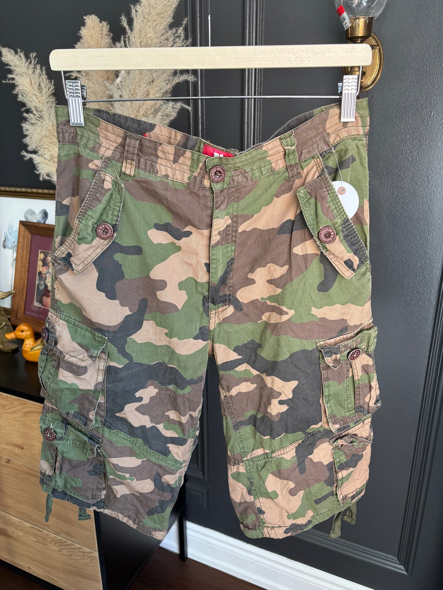 Army Print Long Cargo Shorts Size 28